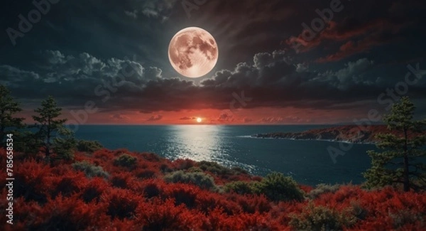 Fototapeta moon over the lake, round moon, red and green grass, natural,