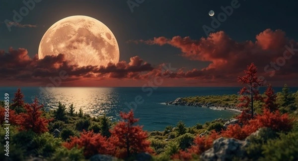 Obraz moon over the lake, round moon, red and green grass, natural,