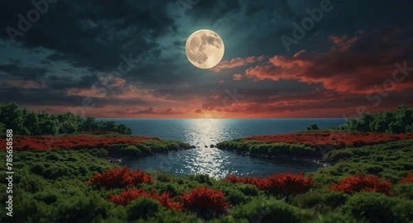Fototapeta moon over the lake, round moon, red and green grass, natural,