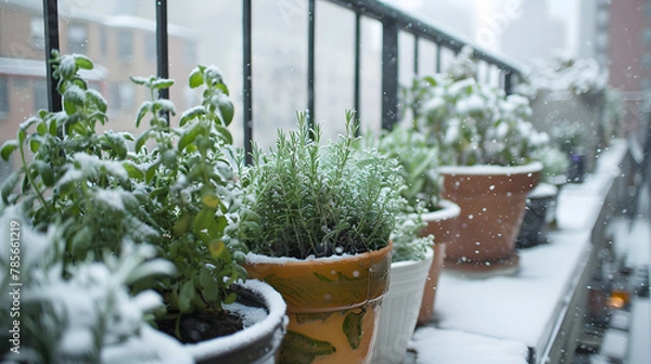 Fototapeta A balcony herb garden in the snow showing hardy herbs like rosemary and thyme enduring the winter months symbolizing resilience.