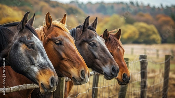 Fototapeta Four horses standing in a field with a wooden fence in the background. The horses are brown and white