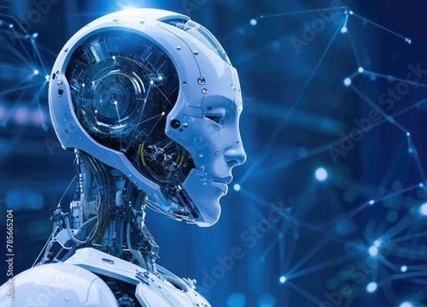 Fototapeta Humanoid robot futuristic tech chatbot assistance, computer mind. Technology abstract glowing background with lines for social networks, data server.