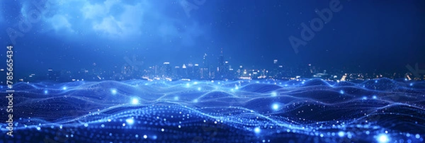 Fototapeta Smart city technology innovation concept, dynamic flowing mesh, cyber space, high tech. Neon illustration background. Business connection, big data, network and global communication.