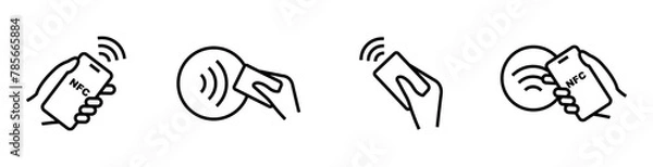 Obraz NFC payment icon set. Contactless wireless pay sign. NFC technology icon. Credit card nfc payment. Editable stroke. Vector line icon.
