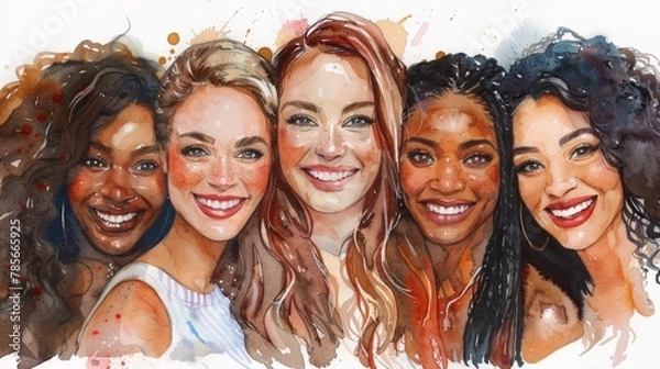 Fototapeta A group of women with different hair colors and styles are smiling for the camera. The painting captures the essence of diversity and unity among women