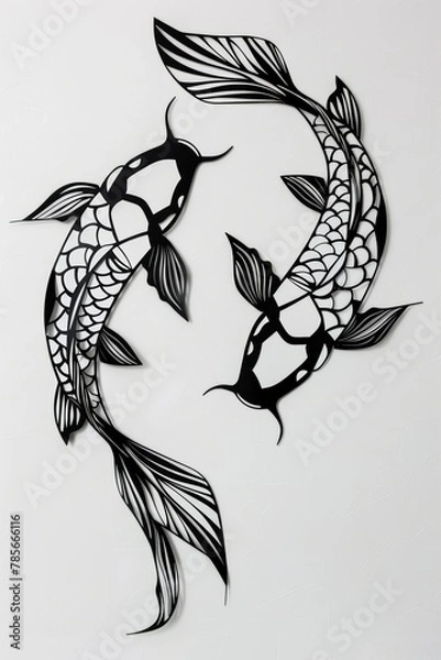 Fototapeta Two black and white fish with white fins. The fish are in a patterned design