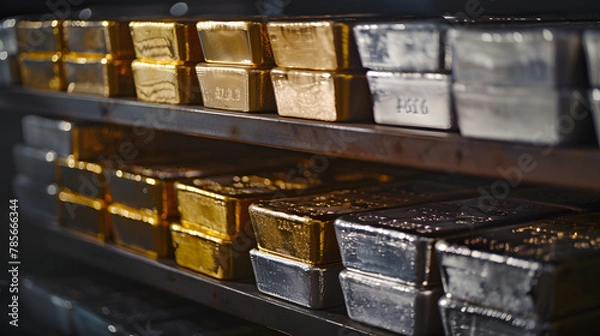 Fototapeta A collection of gold and silver bullion bars stacked in a secure vault symbolizing wealth preservation and investment security.