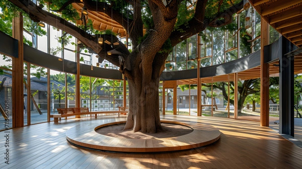 Fototapeta A community cultural center built around an ancient tree incorporating the tree into the design as a central gathering point symbolizing the connection between nature culture and community.