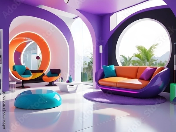 Obraz Modern Vibrant Living Room with Futuristic Furniture, Colorful Sofa, and Unique Architecture.