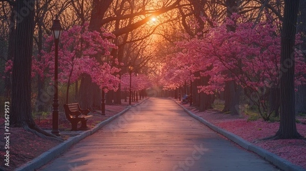 Fototapeta Ścieżka przez park z różowymi kwitnącymi kwitnącymi drzewami ze światłem zachodu słońca. Przytulność i spokój