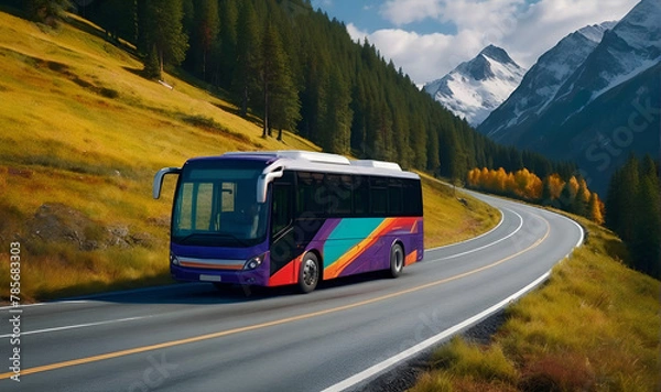 Fototapeta Passenger bus on the road against a mountainous background