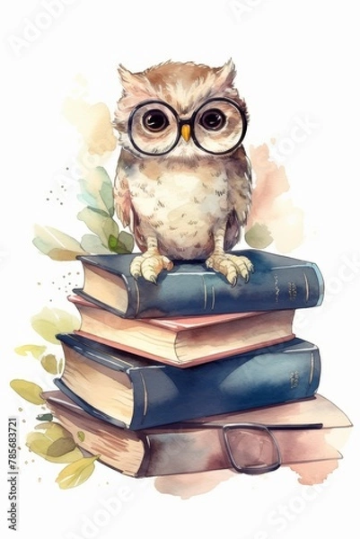 Fototapeta Whimsical Watercolor Painting of Bespectacled Baby Owl on Books Generative AI