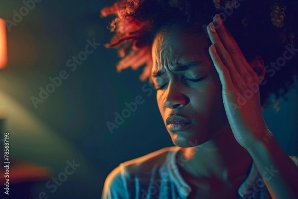 Fototapeta Woman holding her head due to a migraine, dimly lit environment, expression of pain 02