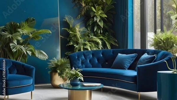 Obraz Elegant Blue Living Room with Luxurious Velvet Sofa, Gold Accents, and Lush Green Plants.