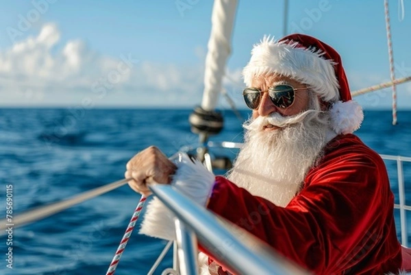 Obraz Lifelike portrait of Father Christmas sailing on a yacht in summer, enjoying blue skies and clear waters
