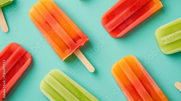 Fototapeta bright colorful ice lollies, Popsicle on a plain background red, orange, green and yellow tones pattern