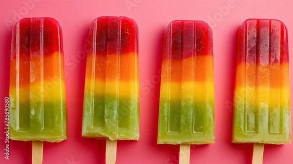 Fototapeta bright colorful ice lollies, Popsicle on a plain background red, orange, green and yellow tones pattern