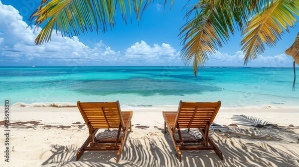 Fototapeta Idyllic tropical beach scene with two wooden lounge chairs, palm tree shade, white sand, and turquoise ocean under blue sky, vacation concept. Copy space.