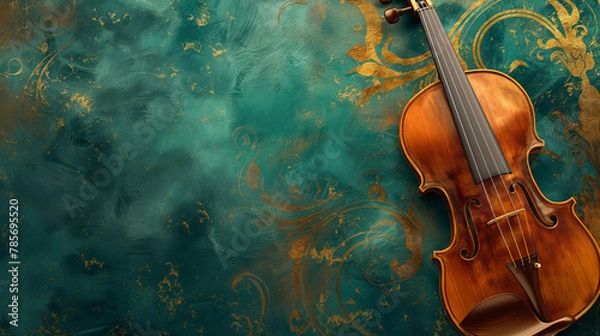 Obraz A violin placed diagonally on a textured emerald green background with golden ornamental patterns. Copy space.