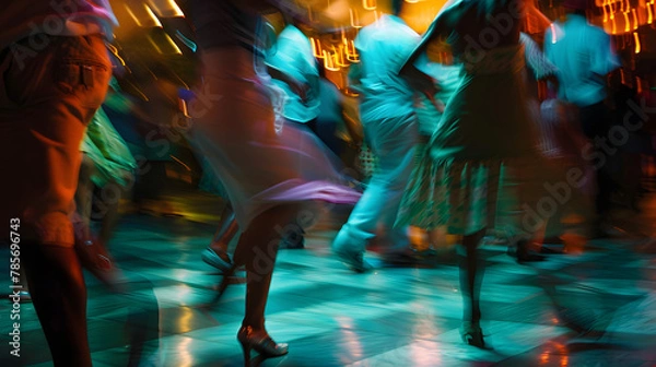 Fototapeta A lively salsa dancing night in a vibrant club with dancers moving rhythmically to energetic music.