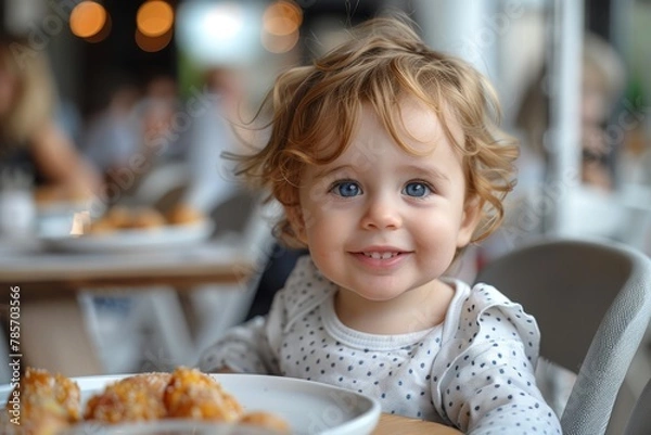 Fototapeta This joyful image captures a playful toddler at a restaurant with a charming smile and bright eyes, enjoying a meal in a lively atmosphere