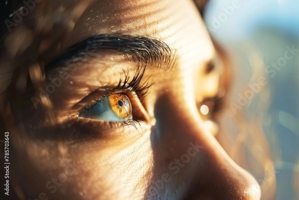 Fototapeta Close-up of a person's eyes, reflecting different ethnicities, gazing into the distance, as sunlight streams through a window, representing the inner turmoil of divorce 02