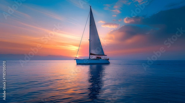 Fototapeta A peaceful sail at dusk with a sailboat gliding over calm waters under a gradient sky.