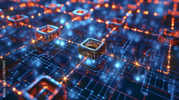 Fototapeta Abstract visualization of blockchain technology, interconnected nodes, glowing data blocks