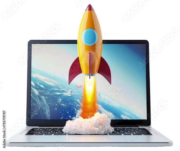 Fototapeta Rocket and laptop on PNG transparent background, startup and business concept.