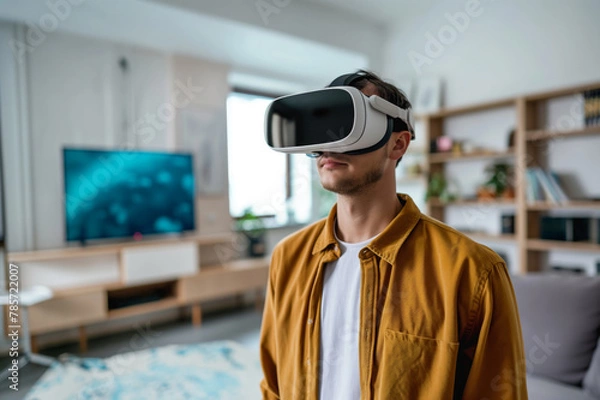 Fototapeta young man wearing vr headset while standing in living room, the concept of using virtual reality technology in modern life