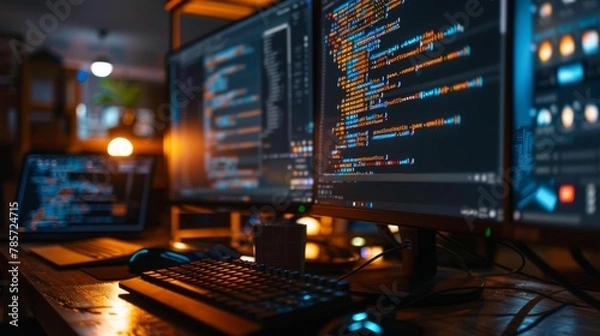 Obraz Modern Computer Desk Setup With Monitors and Keyboard