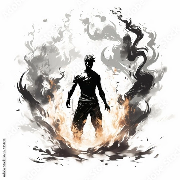 Fototapeta Silhouette of a man with fiery and smoky aura on a white background. A male figure engulfed in flames and fire. Concept of power, inner strength, struggle, and abstract art