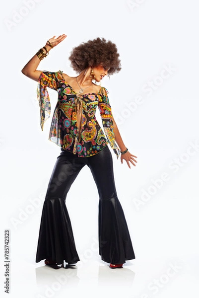 Obraz White background studio photo of an ethnic girl disco dancing. 