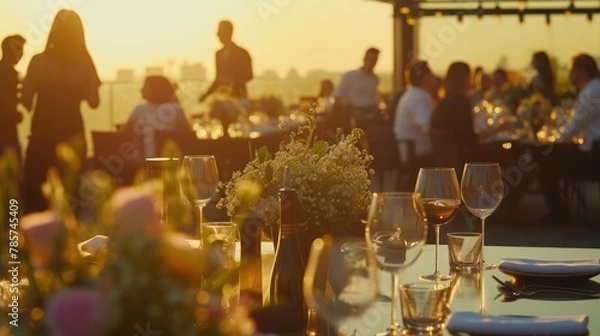 Obraz Close-up of a sunset dining setup outdoors, featuring glasses of wine and plates of gourmet food with people socializing in the background. Birthday, corporate party celebration.