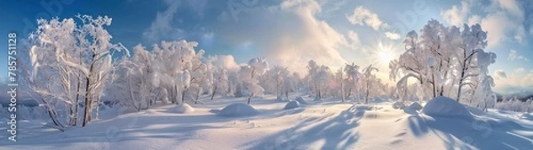 Obraz panoramic view 32:9 landscape sunrise behind trees in winter covered with snow