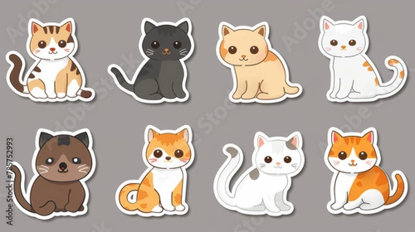 Fototapeta Variety of cute cat stickers featuring different cat breeds. Cat portraits on a clean background.