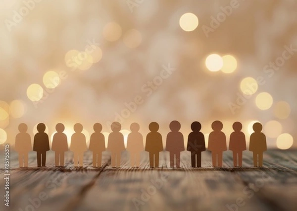 Fototapeta A group of paper people standing in line, each person representing different ethnicities and skin tones, symbolizing diversity and incorporate the color beige into it Generative AI