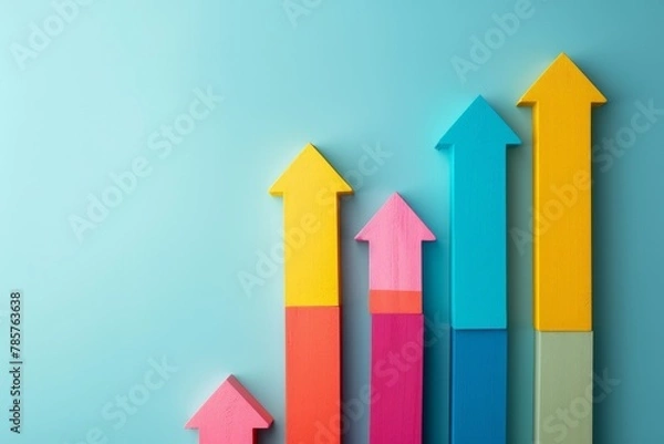 Fototapeta Simplified icons of downward trending arrows over a bar graph, clear pastel background, depicting a decrease in gold value, space for text