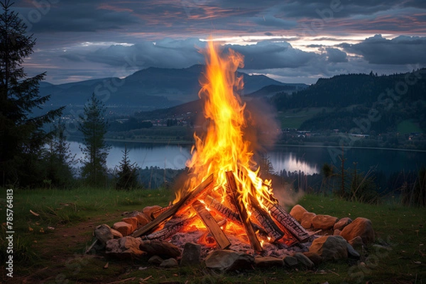 Fototapeta  A towering bonfire crackles against the twilight sky, reflecting on a tranquil lake in a serene mountain landscape, a scene reminiscent of Beltane fire ceremonies