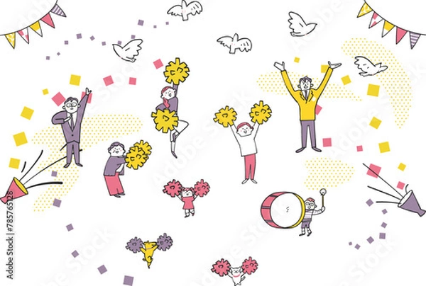 Obraz ポンポンを振って応援する人々　イラスト素材
