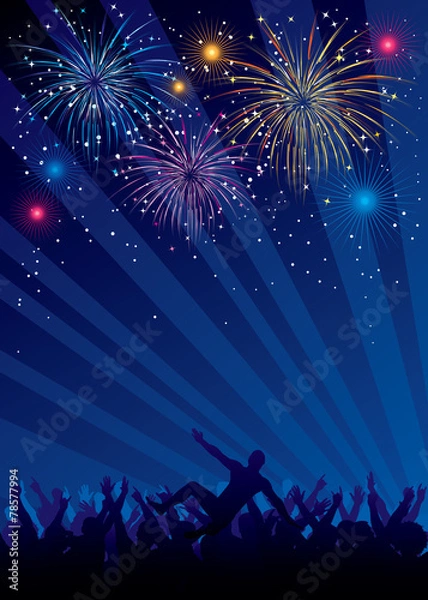 Obraz Fireworks and crowd silhouettes