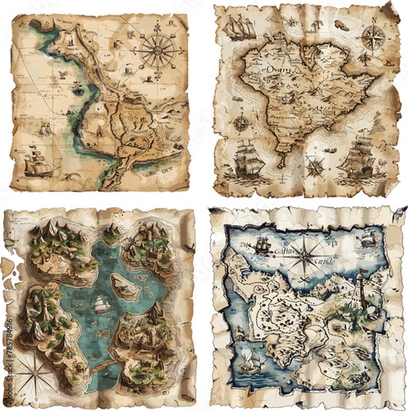 Fototapeta Color engraving raster illustration set of Treasure map isolated on white background