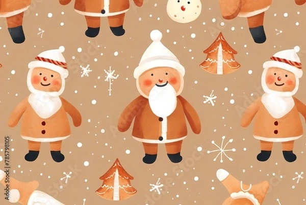 Fototapeta Seamless pattern with watercolor Santa Claus and snowflakes.
