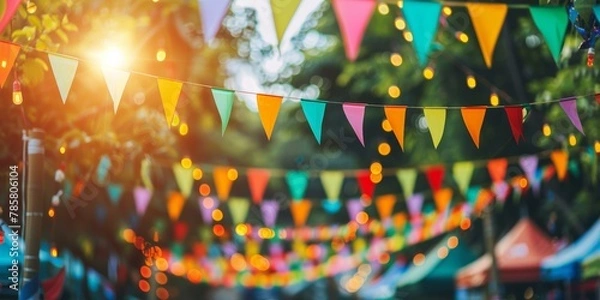 Fototapeta Vibrant outdoor festival decoration with colorful bunting under sunlight, blurry festive background, celebration concept, summer party mood.