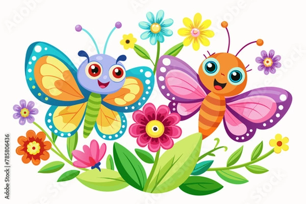 Fototapeta Butterflies, flowers, and charming cartoon animals create a captivating and whimsical scene.