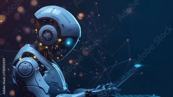 Fototapeta Advanced humanoid robot with cybernetic enhancements and glowing blue eyes engaged in programming