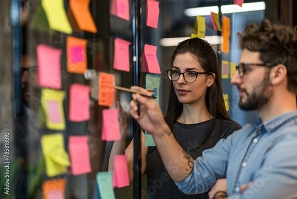 Fototapeta business people are sticking notes on glass wall. concept of managing strategy in company. ai generative