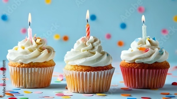 Fototapeta Cheerful birthday cupcakes with white frosting and bright candles, simple and feminine