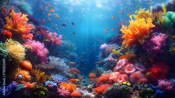 Obraz vibrant coral reef teeming with colorful fish, anemones and sea turtles in full color with bright, vivid colors. The image is highly detailed and ultra realistic in the style of a coral reef scene