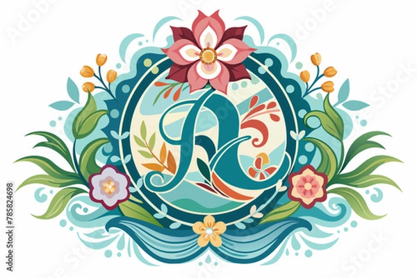 Fototapeta Monogram ornament charming with flowers on a white background.
